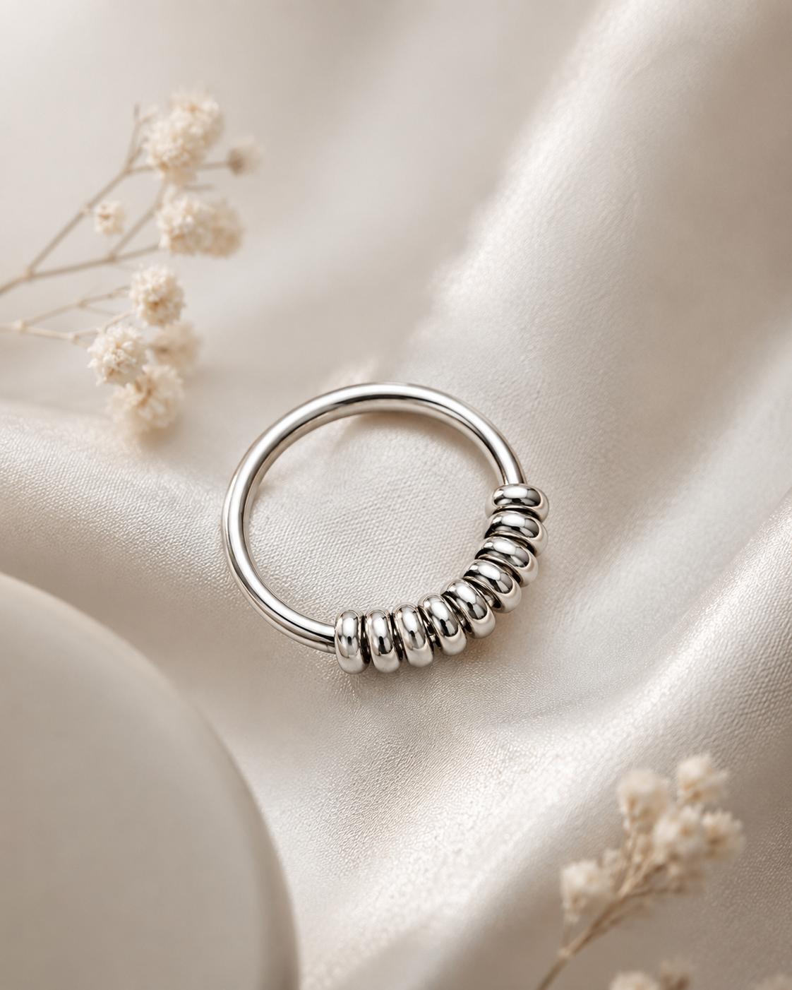925 Sterling Silver Beaded Open Cuff Ring